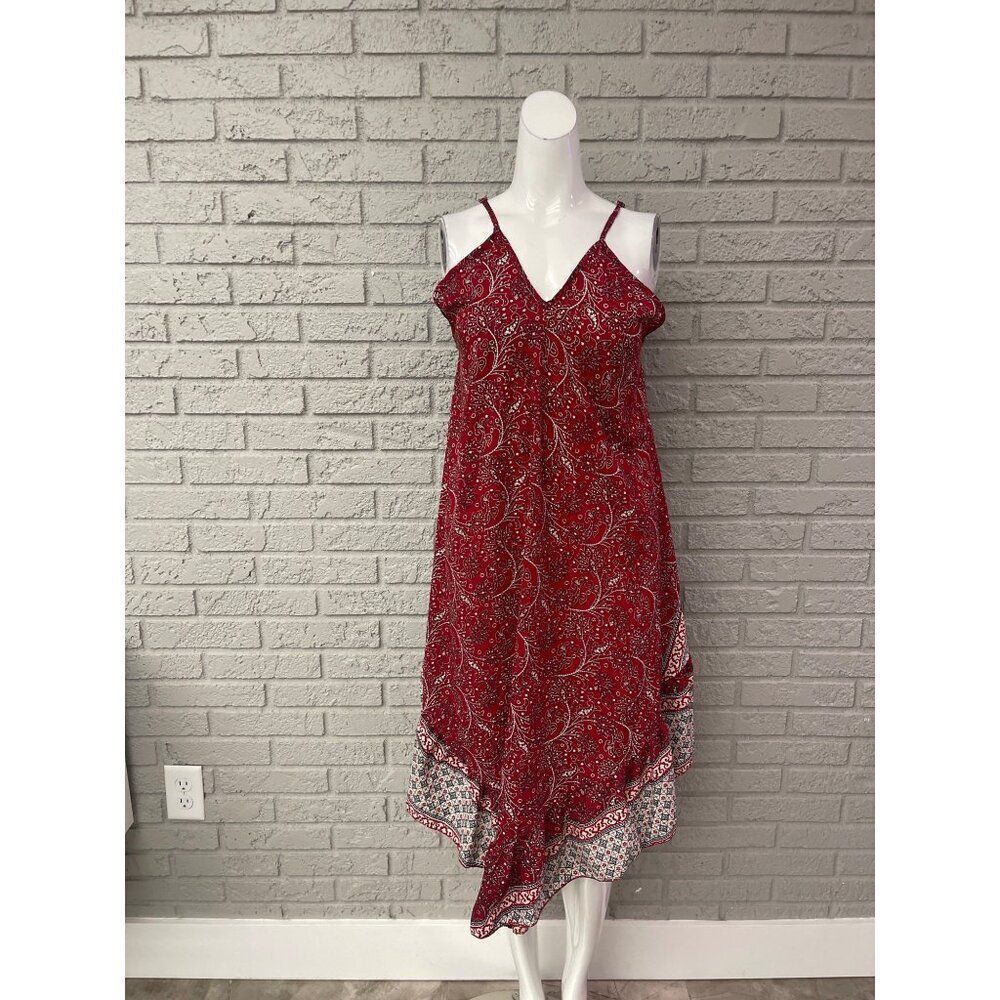 Chaudry Women Red Floral Print Asymmetrical Hem Summer Dress Size S